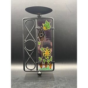 Black Metal Pillar‎ Candle Holder With Stained Glass Birdhouse Floral-7.5" Tall